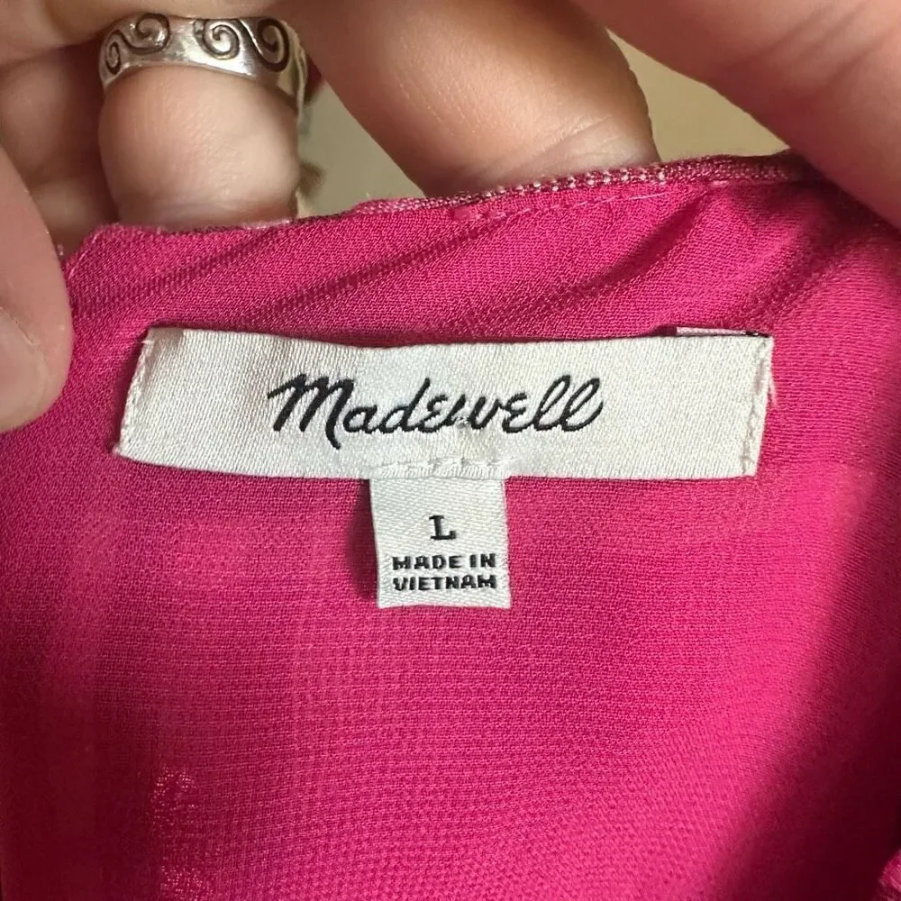 Madewell pink plaid semi sheer lined L puff sleeve blouse